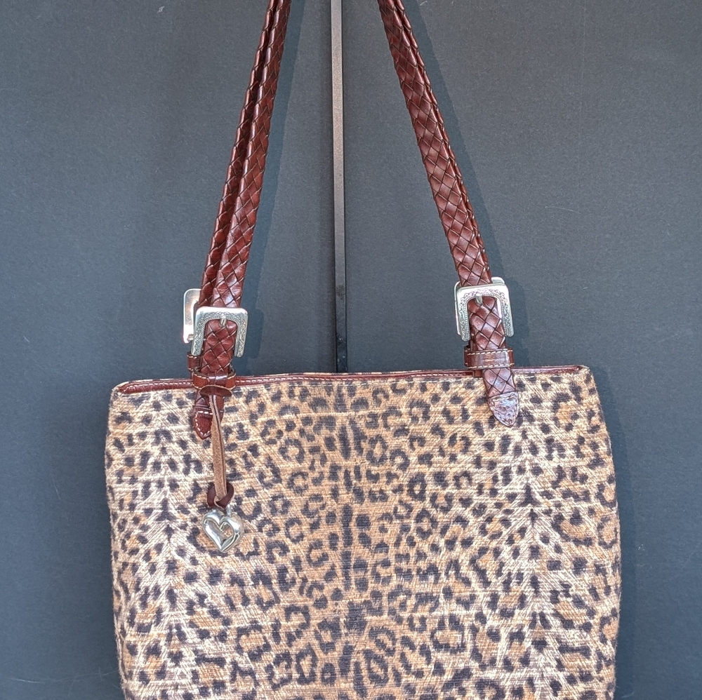 Brighton Cloth Leopard Print, Leather Braided Handle Shoulder Purse/Jewe…